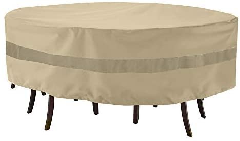 SunPatio Outdoor Round Table and Chair Cover, Waterproof Patio Furniture Set Cover with Taped Seam, Heavy Duty Dining Table Set Cover, 84" Dia x 30" H, All Weather Protection, Beige