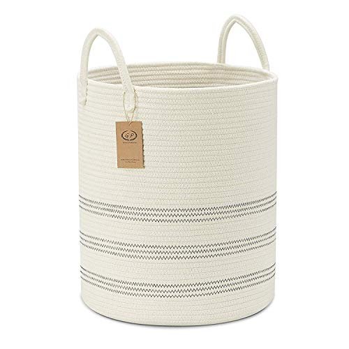Extra Large Cotton Rope Basket, 16" x 18" Tall Blanket Storage Basket with Long Handles, Baby Kids Dogs Toy Bins, Decorative Laundry Basket in Living Laundry Room(Tall（16"×18"）, Off White/Navy)