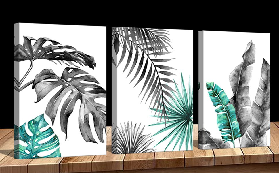 black and white tropical leaves canvas art wall décor teen room decor for
