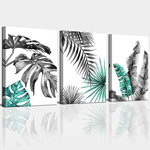 Canvas Wall Art for Living Room Bathroom Black and White Blue Green BohoTropical Leaves Canvas Prints Bedroom Wall Decor Minimalist Framed Wall Pictures Monstera Watercolor Home Office Wall Décor