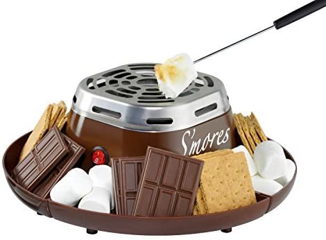 Nostalgia SMM200 Indoor Electric Stainless Steel S'mores Maker with 4 Compartment Trays for Graham Crackers, Chocolate, Marshmallows and 2 Roasting Forks,Brown