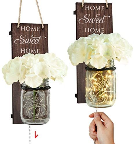 TJ.MOREE Rustic Wall Sconce - Mason Jar Wall Sconce, Rustic Home Decor with Pull Chain Switch, Silk Hydrangea and LED Strip Lights Design for Home Decoration (Set of 2)