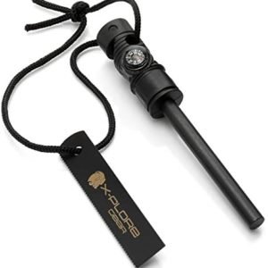 X-Plore Gear Firestarter - 3-in-1 Survival Multifunction Tool - Magnesium Fire Starter Rod, Magnetic Compass & Emergency Whistle - Ideal for Outdoor Camping & Disaster Supply Kits